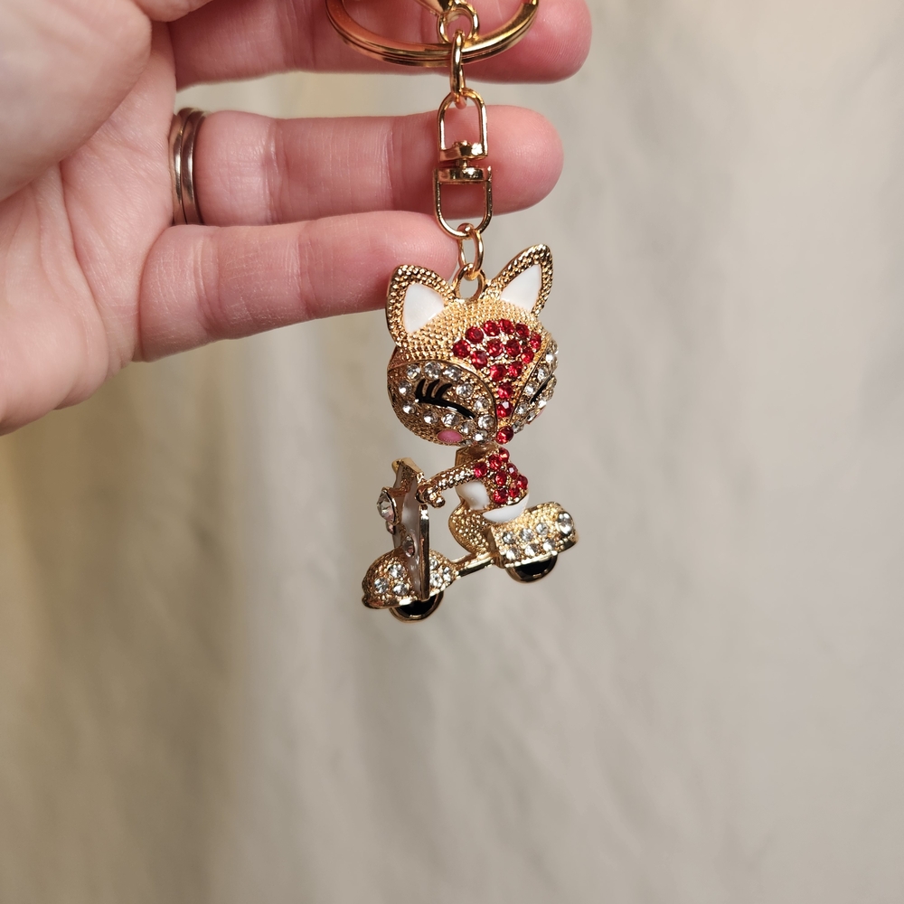 Red And Gold Cat On Scooter Bag Charm/Key Chain - Picture 3 of 3